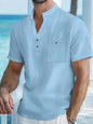 Summer Men's Cotton and Linen Shirt Casual Short Sleeved Stand Up Collar Top Breathable Loose Men's Fashionable Streetwear