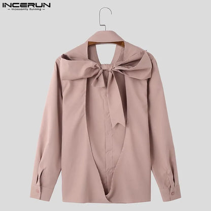 INCERUN Fashion New Men's Tops Backless Bow Design Shirt Sexy Casual Male Solid Comfortable Long Sleeved Lapel Blouse S-5XL 2025
