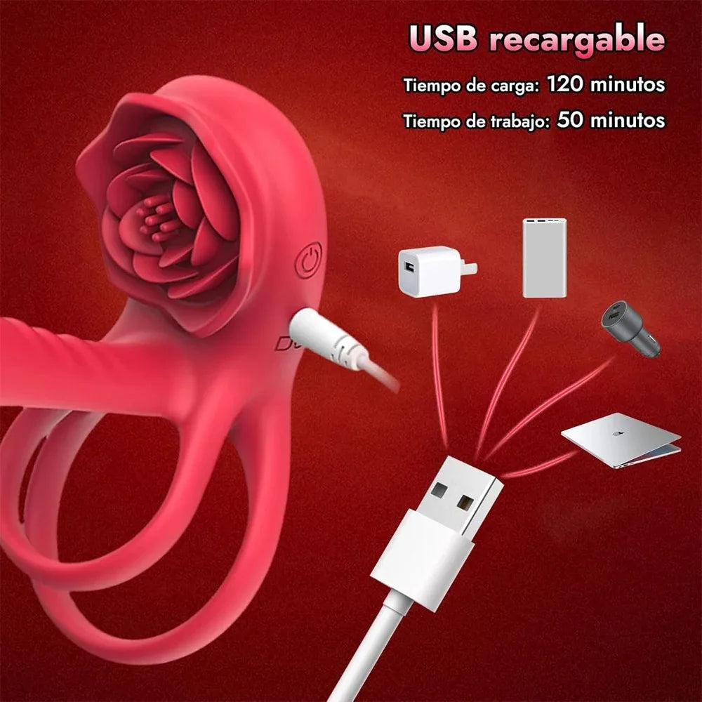 Rose Cock Ring Vibrator G Spot Nipple Clitoral Stimulator Male Penisring Delay Ejaculation Sex Toys for Couple 18+