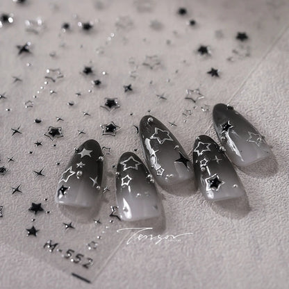 5D Luxury Star Nail Stickers for Nail Art Stars Black Silver Nail Decals Gilding Hollow Out Five-Pointed  Nail Art Design Slider