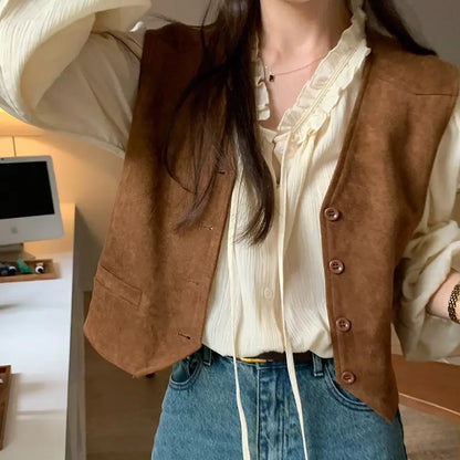 Retro Vests Women V-neck Single Breasted All-match Korean Style Spring Autumn Layering Outerwear Cozy Vintage Loose Comfortable