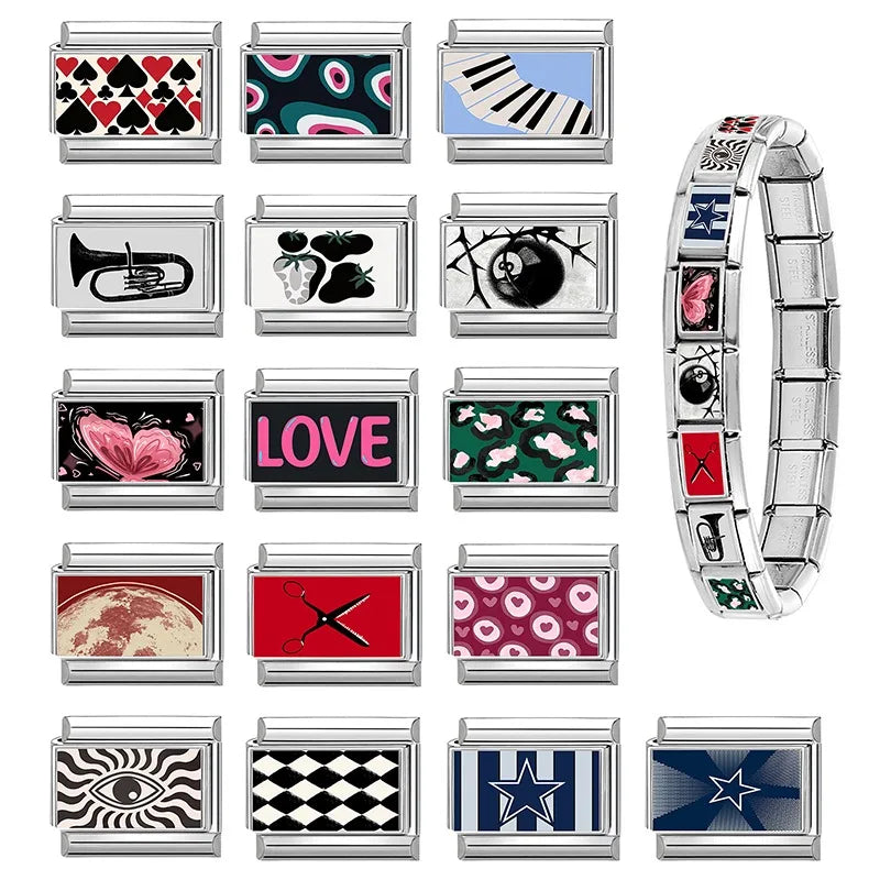 2026 Women Colored Star 1976 Eyes Heart Swan Watermelon Charms Italian Links Fit 9mm Bracelet Stainless Steel DIY Making Jewelry