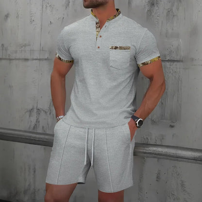 2026 Men Europe and the United States new summer Waffle solid color zip-up lapel short-sleeve suit shorts two sets