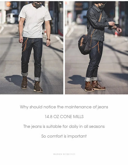 Maden Vintage Raw Denim Jeans for Men 14.8 OZ Jeans Denim Washed Straight Tapered Fit Pants Mid Waist Casual Trousers