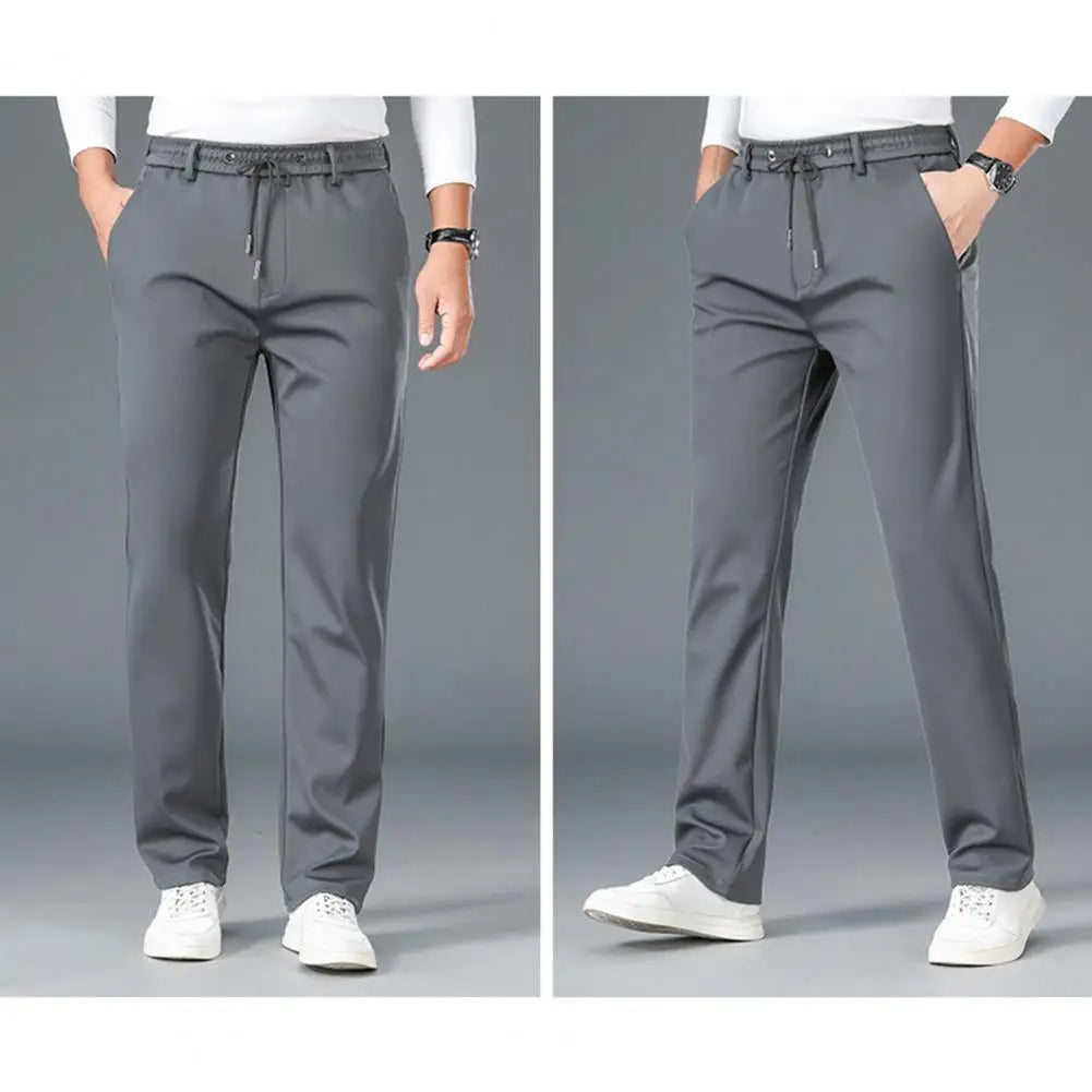 Men Casual Pants Loose Straight Drawstring Elastic Waist Business Pants Solid Color Breathable 2 Side Pockets Sports Trousers