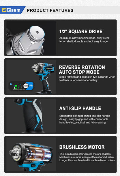Gisam 900N.M Brushless Electric Impact Wrench 1/2" Cordless High Torque Wrench Drill Screwdrivers Tools For Makita Battery Pin