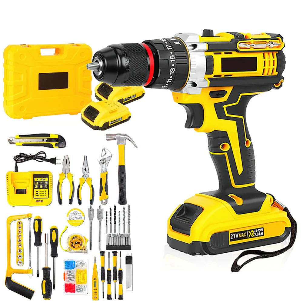 21V Portable Cordless Power Drill Set Impact Screw Driver with 120 Piece Toolbox with 2 Rechargeable Battery LED Light for Home
