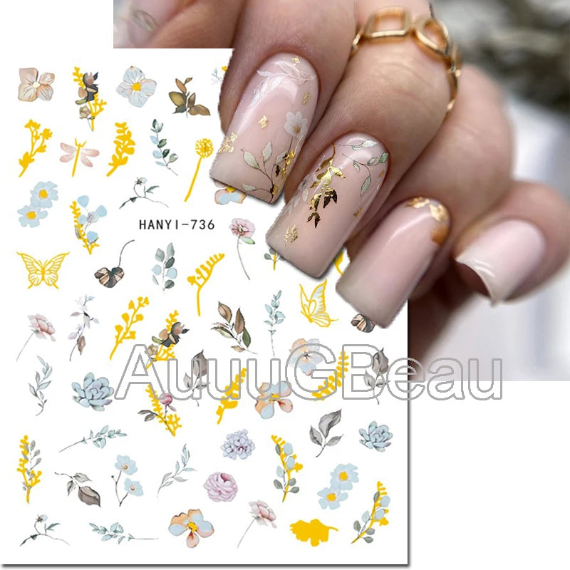 3d Nails Art Decals Spring Fruits Pink Full Tips Peony Magnolia Flowers Adhesive Sliders Stickers Decoration For Nails Manicure