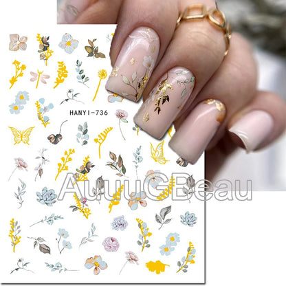 3d Nails Art Decals Spring Fruits Pink Full Tips Peony Magnolia Flowers Adhesive Sliders Stickers Decoration For Nails Manicure