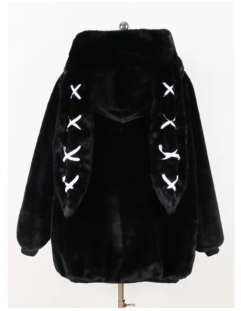 Nerazzurri Autumn Winter Sweet Cute Kawaii Soft Thick Warm Faux Fur Coat Women with Bunny Ears Cute Fluffy Jacket Hoodie 2024