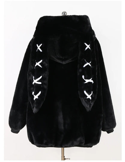 Nerazzurri Autumn Winter Sweet Cute Kawaii Soft Thick Warm Faux Fur Coat Women with Bunny Ears Cute Fluffy Jacket Hoodie 2024
