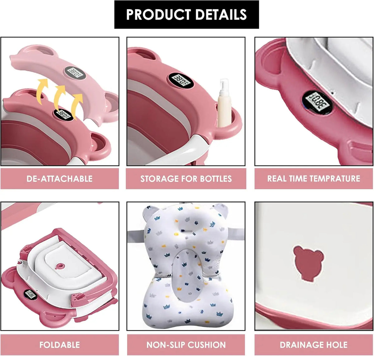 Collapsible Baby Bathtub for Newborn with Thermometer &1Soft Floating Cushion,Portable Travel Bathtub with Drain Hole,Baby Tubs