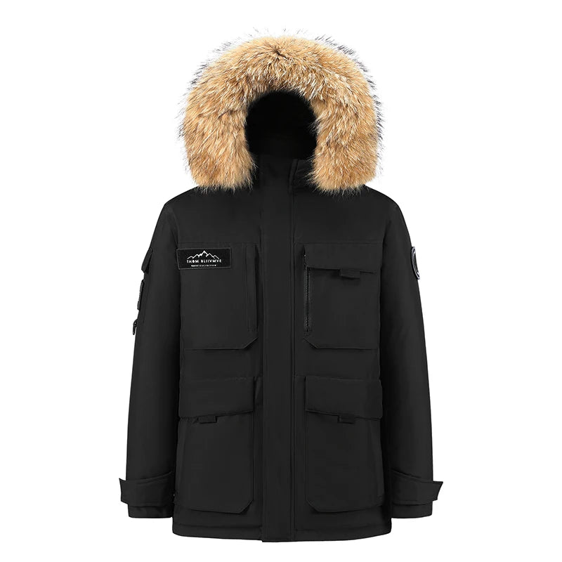 -30 Degree Down Parkas Men Windproof Hooded Thicken Multi-pocket Down Coat Casual Fashion Thick Warm Embroidered Design Parka