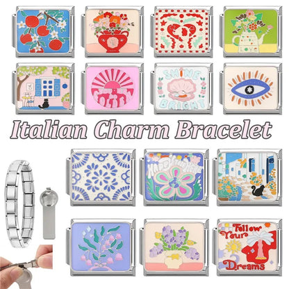 Fashion Drip Glaze Blue Eyes Colorful Butterfly Italian Charm Links Fit 9mm Stainless Steel Bracelet Jewelry DIY Making Beads