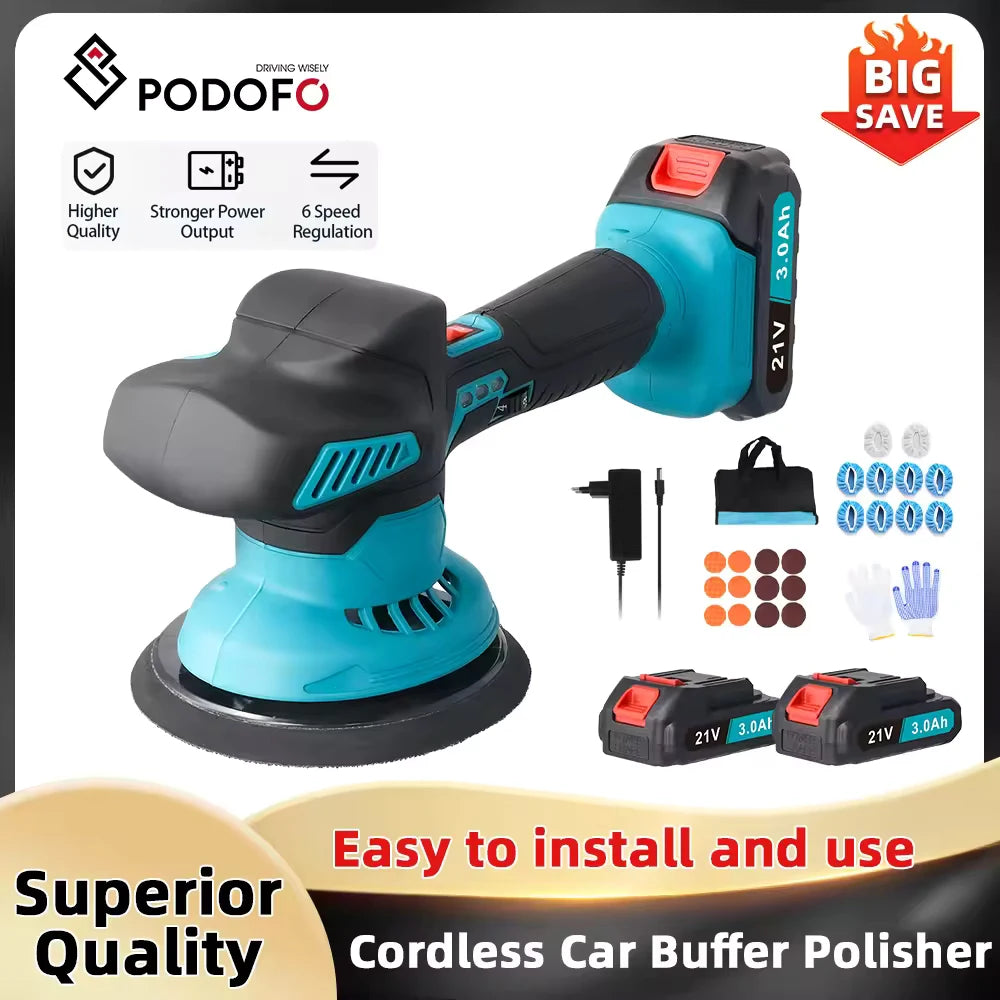 Podofo Cordless Car Buffer Polisher with 2 Pack 21V Batteries 6 Variable Speed 5500RPM Orbital Polisher for Car Boat Polishing