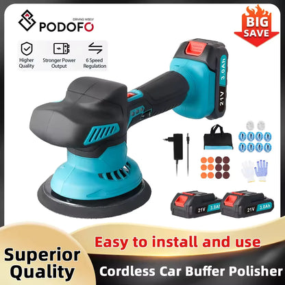 Podofo Cordless Car Buffer Polisher with 2 Pack 21V Batteries 6 Variable Speed 5500RPM Orbital Polisher for Car Boat Polishing