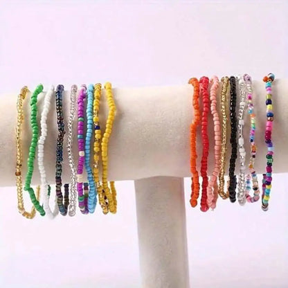 17pcs/Set Random Bohemian Vacation Colorful Beads Stacked Bracelets-Handmade Glass Bead Jewelry For Men And Women