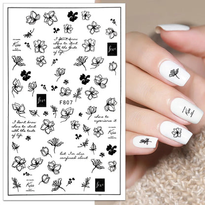 Black and White Love Flowers Line Art 3D Stickers Nail Decals Nail Art Accessories Butterfly Rose Nail Stickers Nail Sliders
