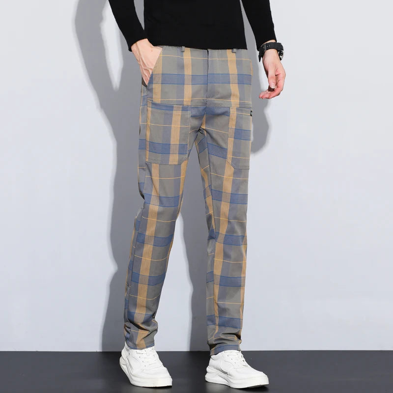 Autumn Winter Luxury Plaid Check Pattern Casual Pants Men Thick Business Elastic Waist Slim Fit Korean Pocket Long Trousers Male