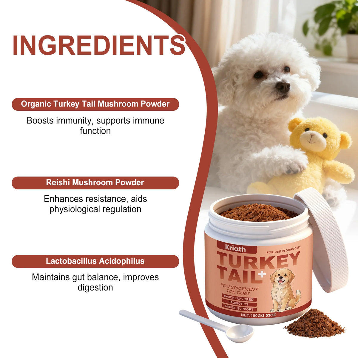 Turkey Tail Mushroom Powder for Dogs, Bacon Flavor Pet Immune Support Joint Hip Gut Health Supplement, Skin Coat Care Powder