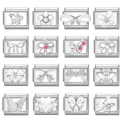 New Shiny Zircon Heart Butterfly Flower Star Bow Italian Charm Links Fit 9MM Stainless Steel Bracelet Girls' DIY Making Gift