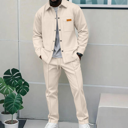 2026 Men's New Style Waffle Plain Color Collar Button-Down Pockets Long-Sleeved Pants Casual Jacket Set