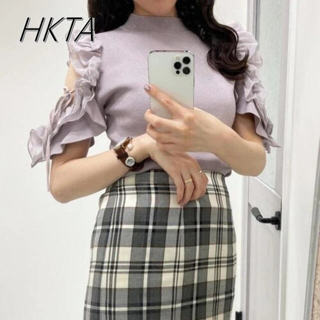 Japanese Off Shoulder Ruffle Edge Slim Short Sleeve Tshirt Women Sweet Elegant Knitted T Shirt Girl Commuting Short White Top