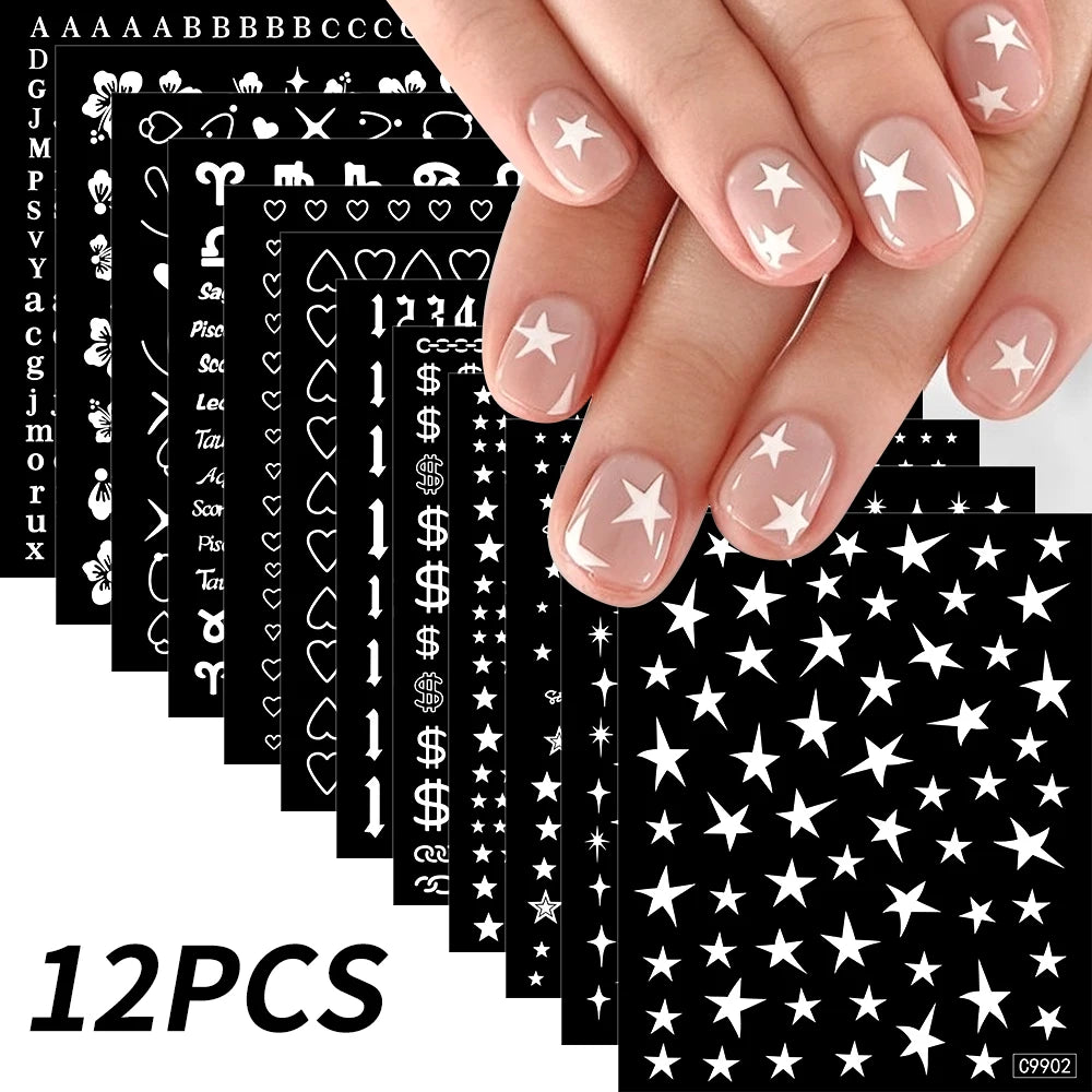 12Pcs 3D Gold Sliver Stars Nail Stickers Bronzing Starlight Nail Art Decals Self Adhesive Slider Decals DIY Nail Tips Decoration