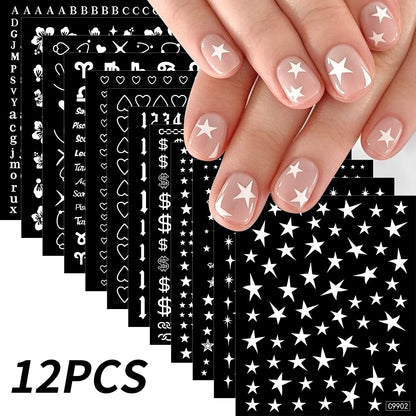 12Pcs 3D Gold Sliver Stars Nail Stickers Bronzing Starlight Nail Art Decals Self Adhesive Slider Decals DIY Nail Tips Decoration