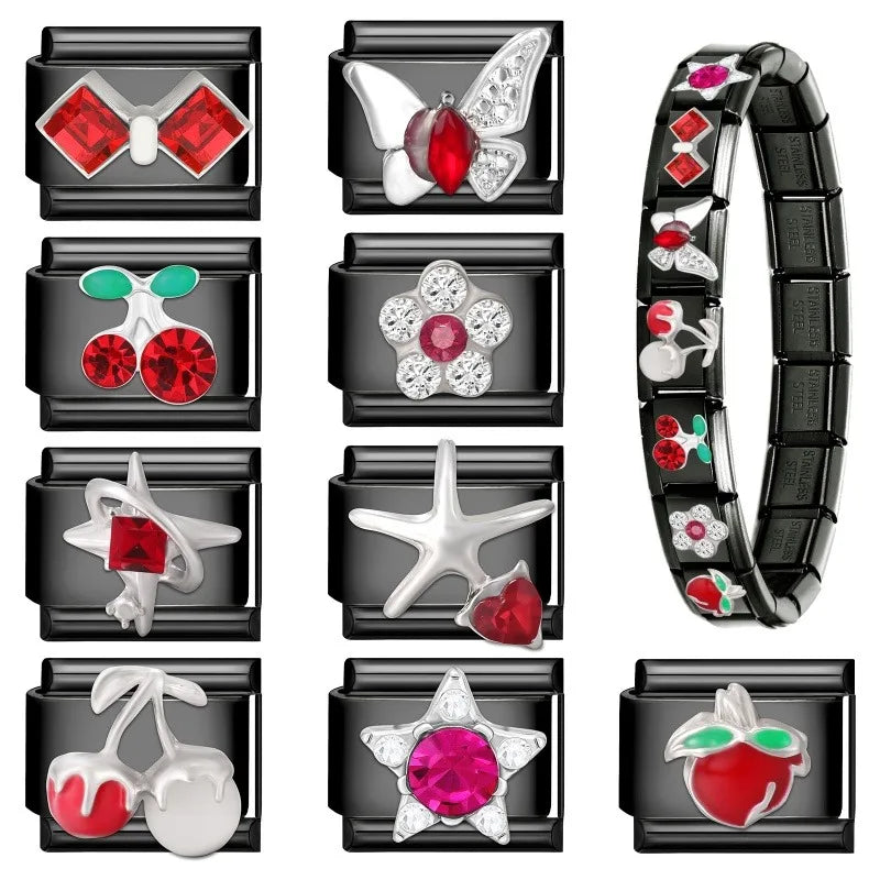 2025 New Original Black Red Stars Love Heart Bows Flower Italian Charm Link Fit 9mm Stainless Steel Jewelry DIY Making Bracelets