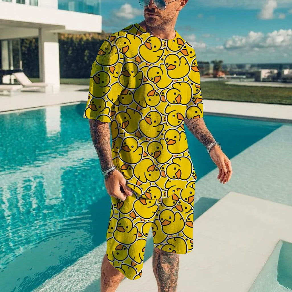 Cute duck 3D printed T-shirt shorts set for men's casual fashion loose short sleeved T-shirt pants set for men's lightweight and