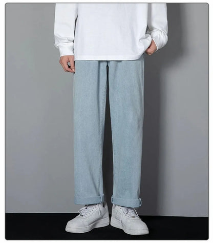 Korean Solid Colors Men's Casual Long Jeans Classic Man Four Seasons Straight Denim Wide-leg Pants Light Blue Grey Black 3XL