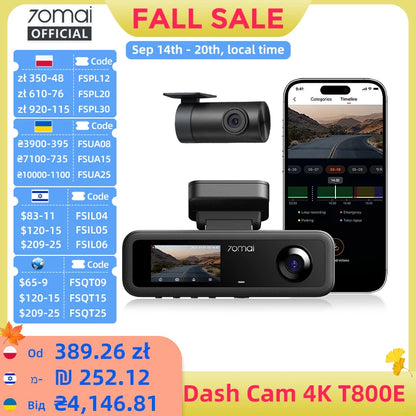 70mai 3-Channel Dash Cam T800E 4K HDR F1.55 Aperture Supercapacitor Voice Control GPS Car DVR 70mai T800E WiFi 6 5GHz