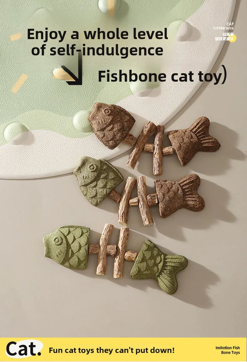 Cat Toy Fish Bone Shape Silvervine Stick Natural Wooden Chew Toy for Kitten Teething Interactive Play