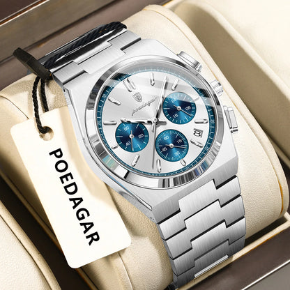 POEDAGAR Luxury Man Watch Chronograph Date Stainless Steel Sport Men Wristwatch Waterproof Luminous Fashion Quartz Men's Watches