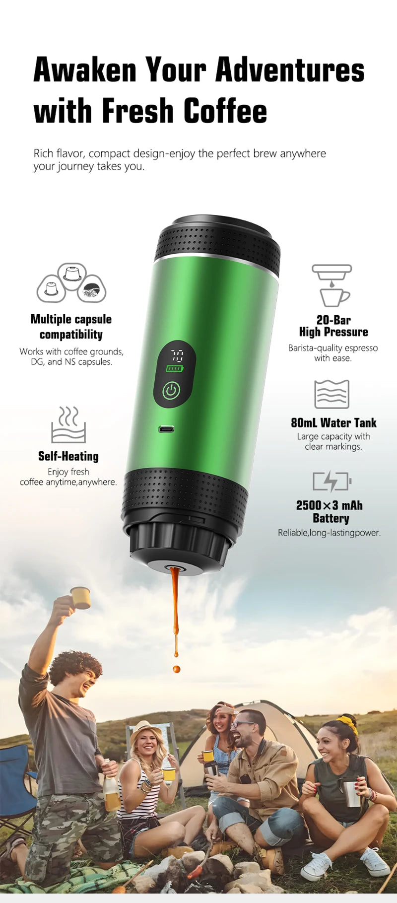 DENOKIN 3-in-1 Capsule Coffee Maker With Digital Display Portable Espresso Coffee Machine for Car & Home Camping Coffee Maker
