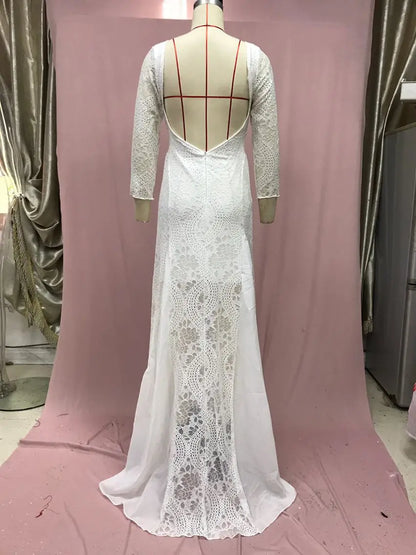 Foreign Style Evening Dress Woman's Sexy Lace Patchwork Backless Wedding Dresses Ladies Elegant Long Sleeves Party Prom Vestidos