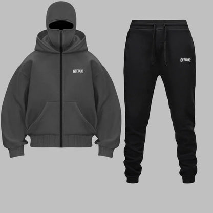 2025 Autumn Winter Men Zippered Hooded Sweatshirt Set - Balakrava Street Fashion Windproof Ninja Letter Design Two-Piece Set