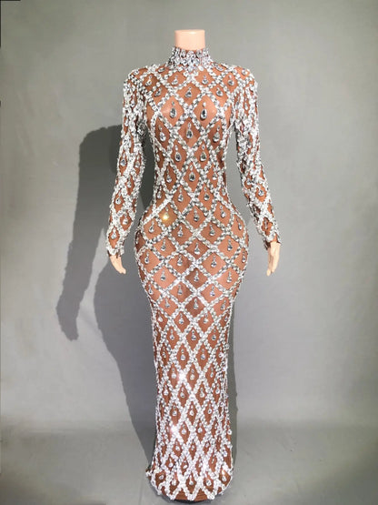 Sparkly Silver Big Rhinestone Transparent Long Dress Evening Birthday Celebrate Luxurious Costume Dancer Flashing Dress