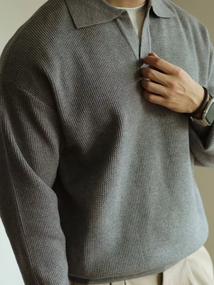 Fashion Solid Color Men Polo Kint Shirt Autumn Long Sleeve Turn-down V-neck Sweater Casual Jumper Tops Men's Knitwear Clothing