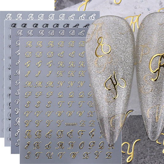 4pcs Roman Letter Nail Stickers Golden Silver Black White Alphabet Design Self Adhesive Decal English Words DIY Manicure Decor