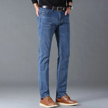 Spring Autumn Business Men Jeans Casual Straight Stretch Fashion Classic Black Sky Blue Grey Work Denim Trousers Brand Clothing