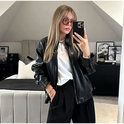 Street Women's Belt Leather Jackets Loose Lapel Zipper Long Sleeve Pockets Female Coats 2026 Autumn Lady Fashion Y2k Outwear