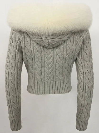 Fashion Natural Fox Fur Collar with Knitted Sweater Women Casual Sweater 2025 New Spring Autumn Slim Fit Elastic Oversized Coat