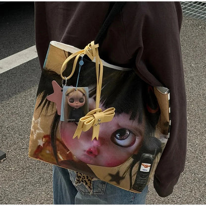 Brand Portrait Print Tote Bag Large Capacity Top-handle Shopper Bag Fashion Pvc Kraft Paper Shoulderbag Waterproof Pouch Storage