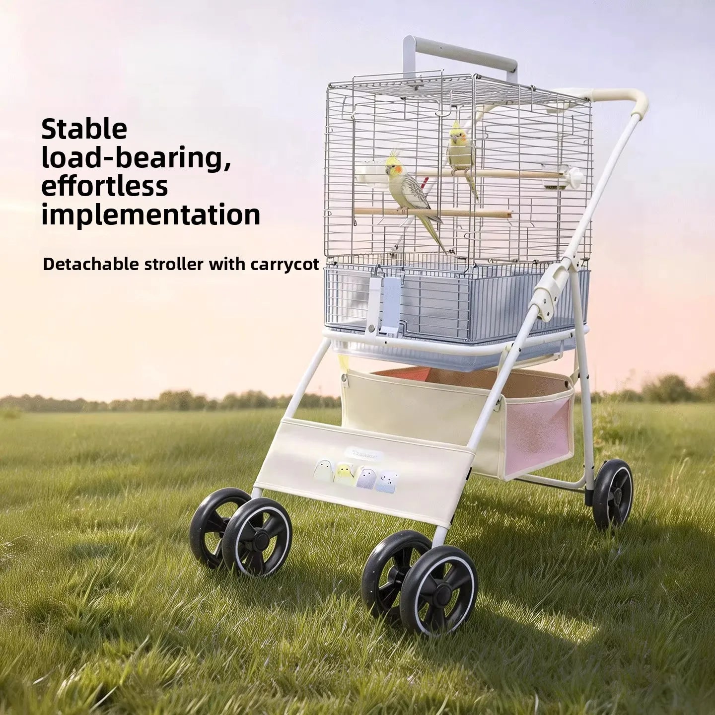 Foldable Lightweight Parrot Stroller Outdoor Travel Pet Carrier with Storage Space