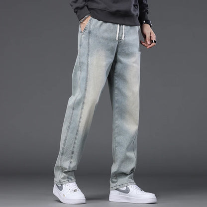 Autumn Winter Blue Jeans Men Drawstring Elastic Waist Cotton Cargo Denim Pants Work Fashion Thick Trousers Male Plus Size M-4XL