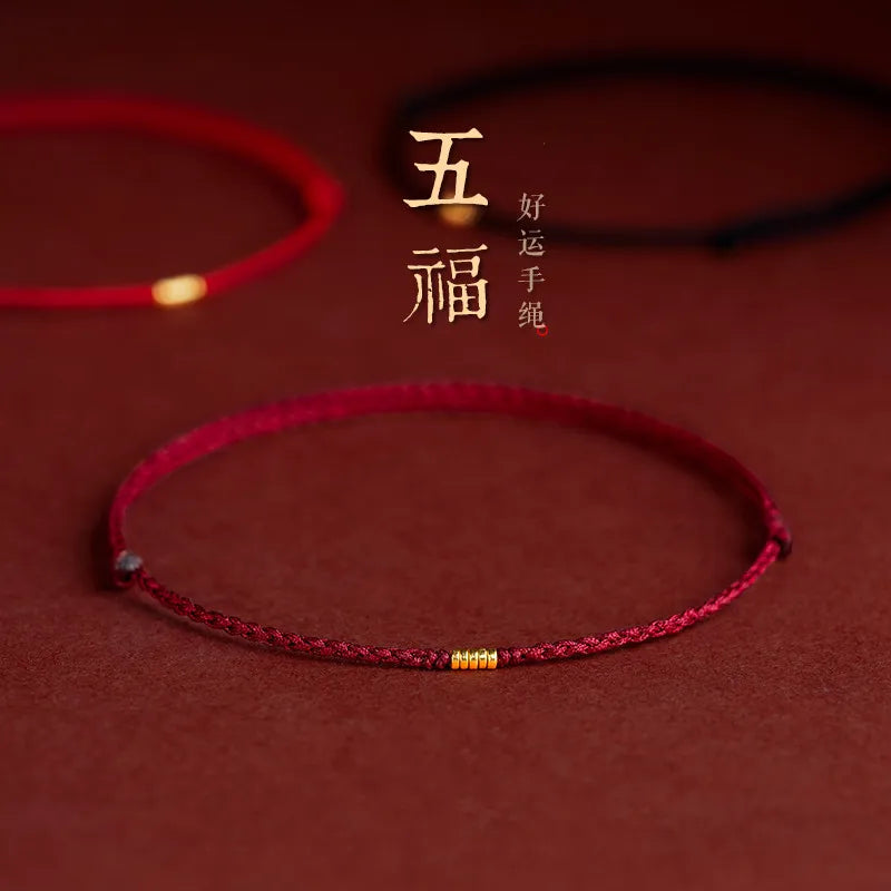 Hand Braided Red Rope Bracelet Copper Lucky Bead Hand Rope Couple Bracelet Simple Buckle Ethnic Original Female Accessory