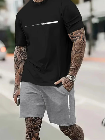 2025 New Men's Summer Round Neck Short Sleeve Suit Outdoor Sports Breathable Comfortable Shorts Suit Letter Print Casual Suit