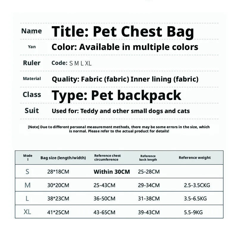 Breathable Pet Dog Cat Chest Carrier Backpack Hands-free Outdoor Travel Bag for Small Pets